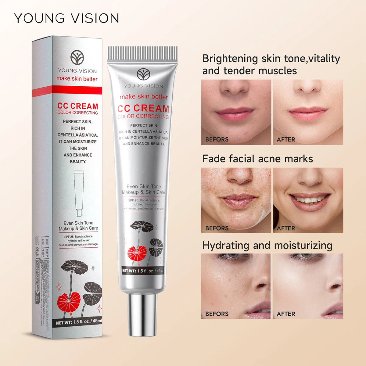 YOUNG VISION 2 Color Brightening CC Cream with Drop Puff for easy use as a makeup base and barrier cream.
