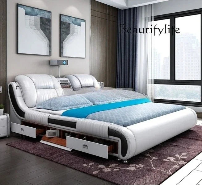 Genuine Leather Bed With Built-In Massage Bluetooth Speaker Air Cleaner Projector And Drawers — White | KIMLUD