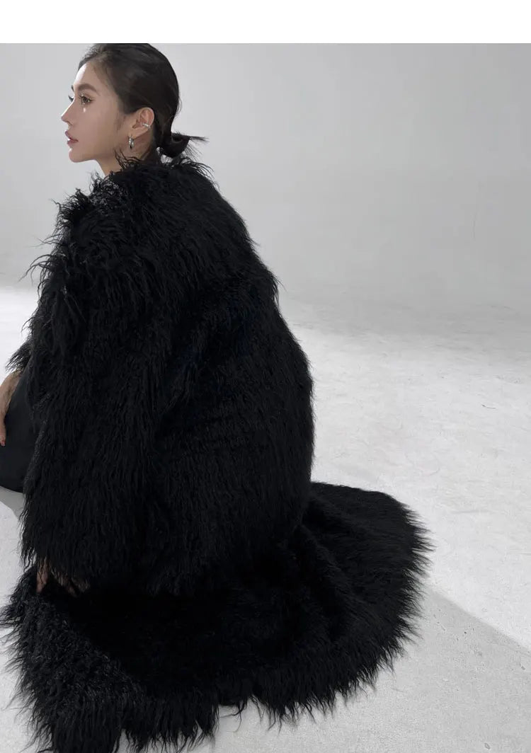 Lautaro Winter Long Black Hairy Shaggy Thick Warm Soft Fluffy Faux Fur Coat Women Sashes Luxury Designer Overcoat Runway Fashion