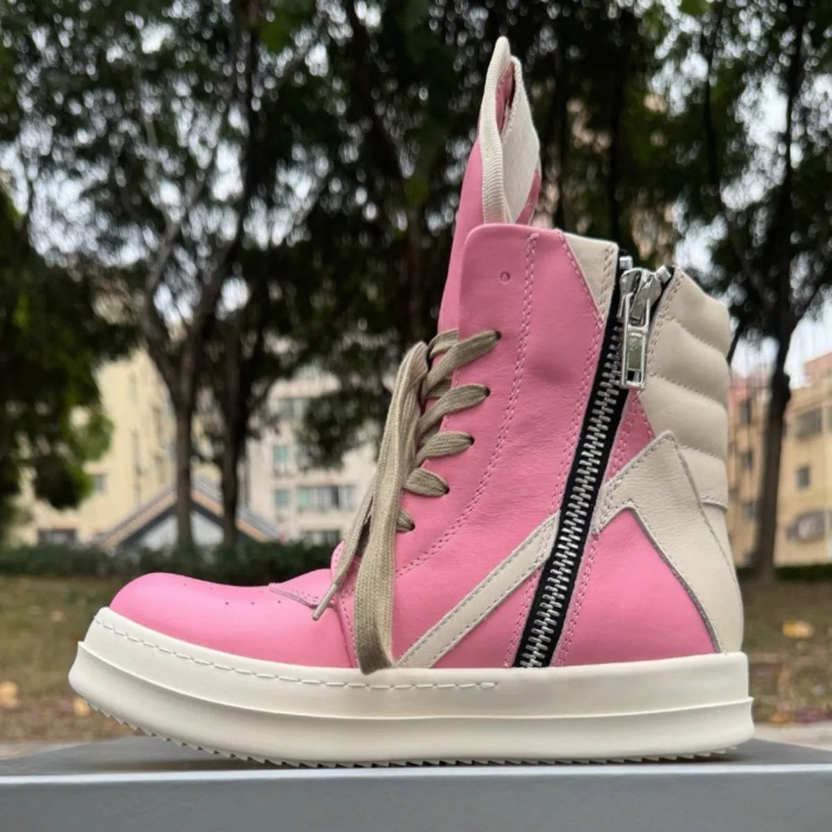 High Top Sneaker – ZIP Closure – Leather – Beige | KIMLUD