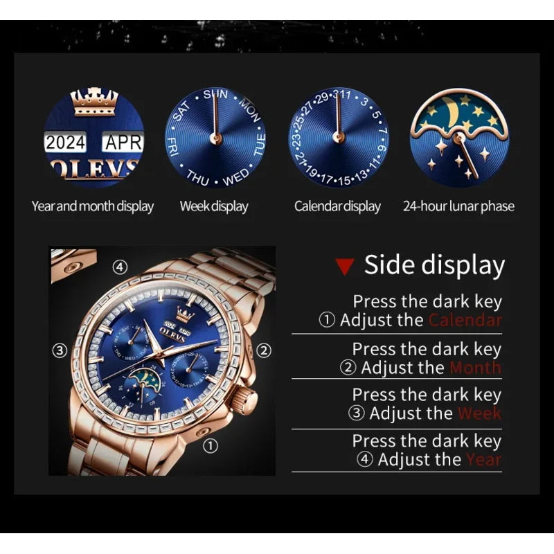 OLEVS 6695 NEW Men's Watches Full Multifunctional Dial Blue Leather Strap Calendar Week Moon Phase Waterproof Wristwatch