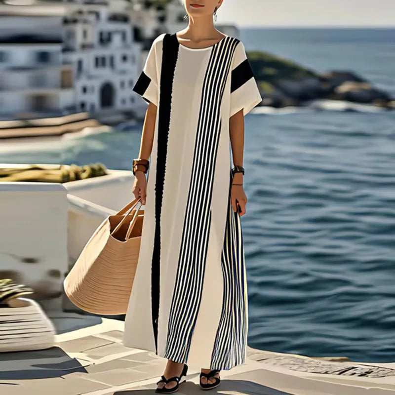 Spring Elegant Crew Neck Holiday Beach Dress Woman Chic Contrast Color Patchwork Long Dress Summer Short Sleeve Split Boho Dress