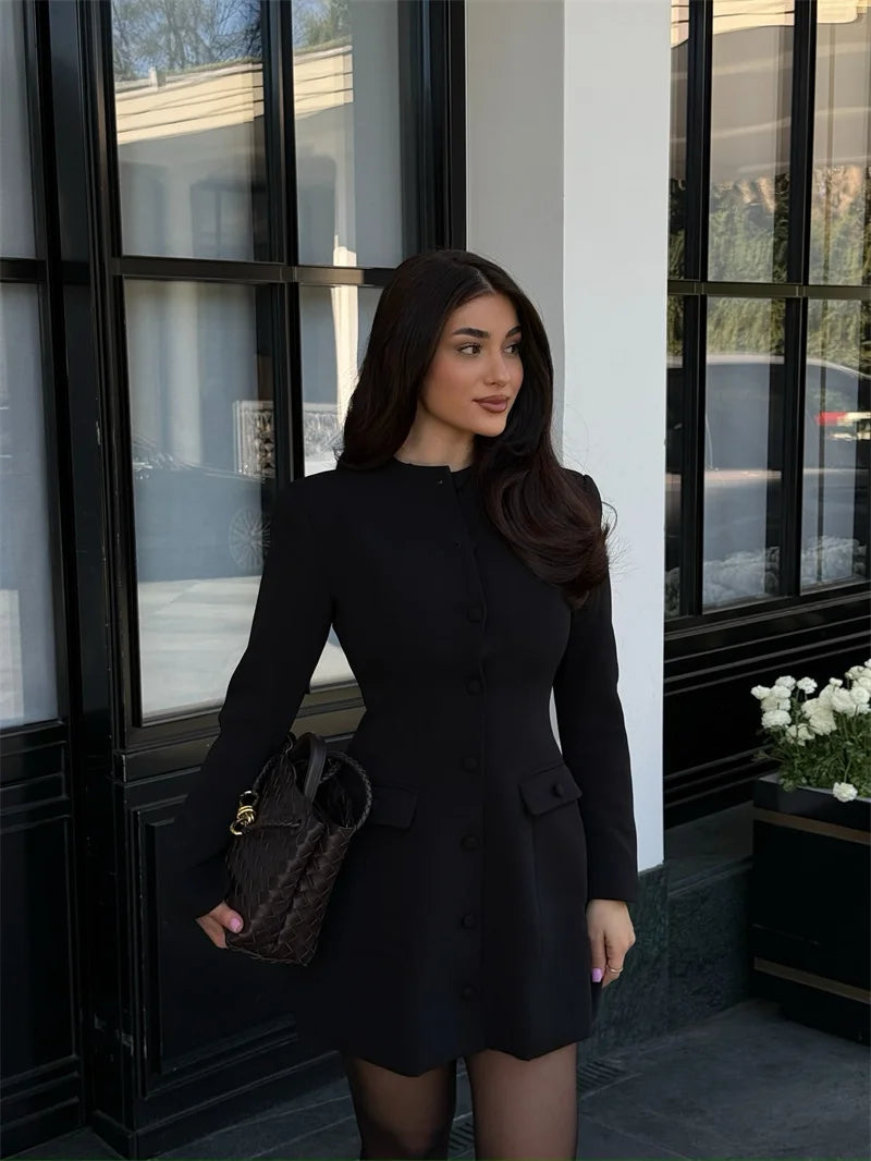 Mozision Long Sleeve Single-breasted Sexy Mini Dress Women Elegant Black Two Pocket High Waist A-line Club Party Dresses Female