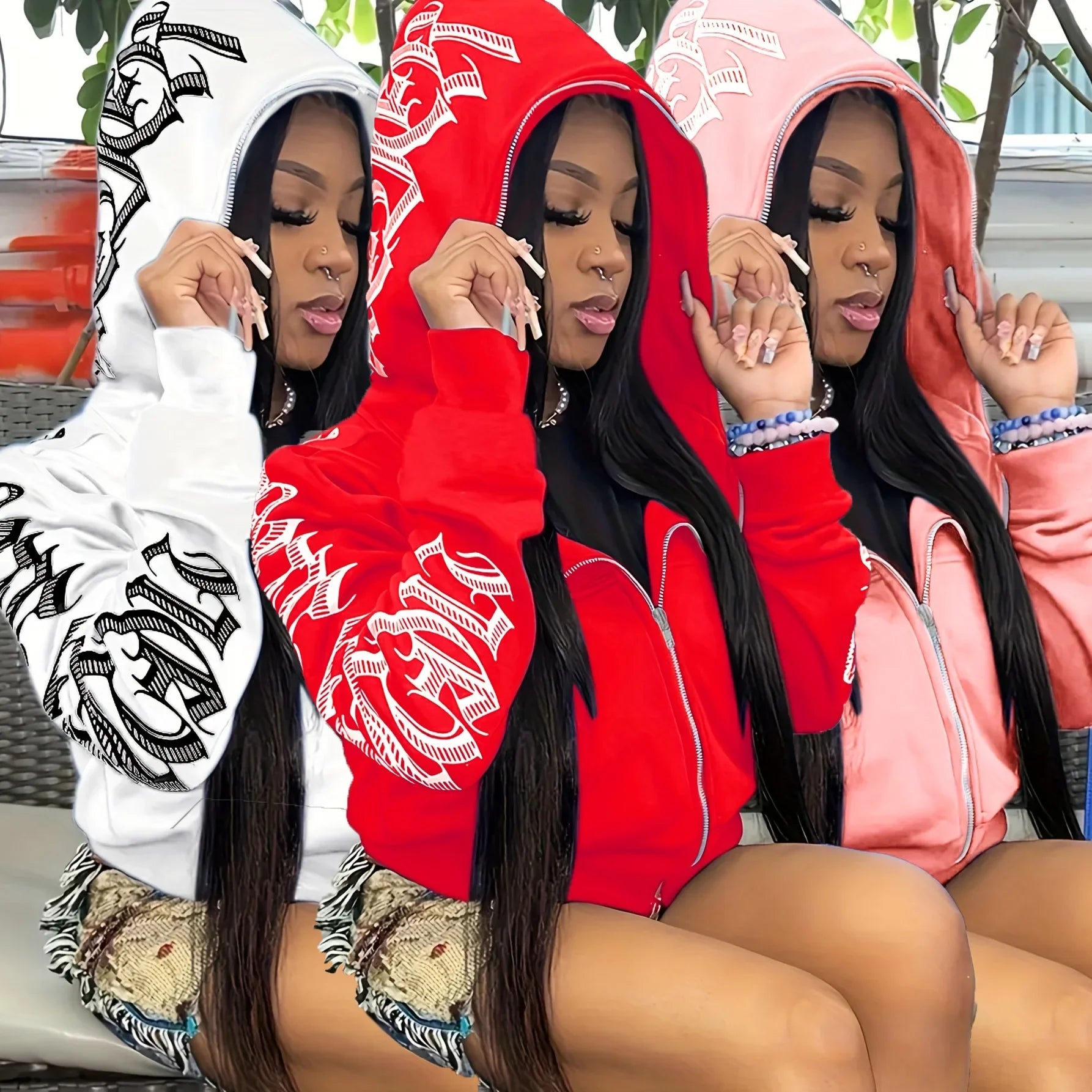 Hoodie Sweatshirt – Letter Print Zip Up – Polyester Spandex | KIMLUD