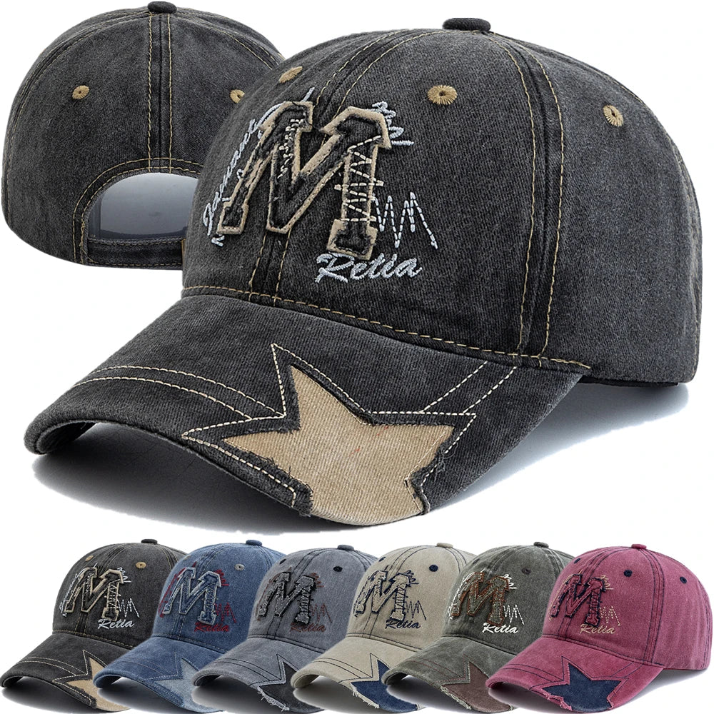 New Style Unisex Retro Baseball Cap M Letter Embroidery Dad Hat Star shaped Style Women And Men Outdoor Washed Cotton Cap