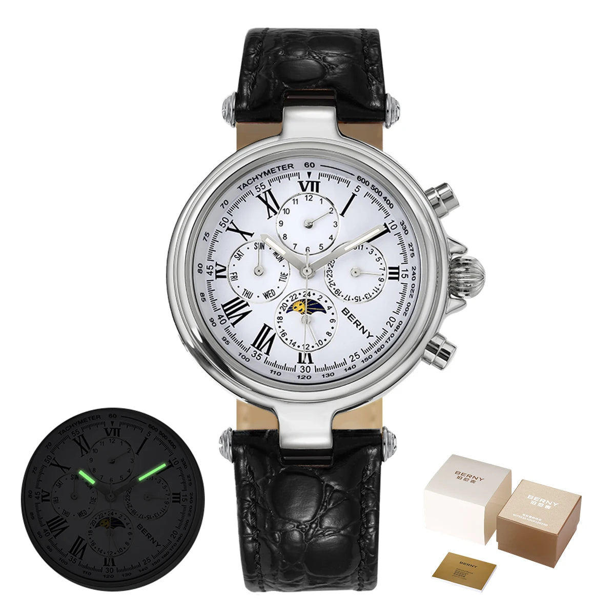 Genuine Leather Retro Automatic Watch — Black | KIMLUD