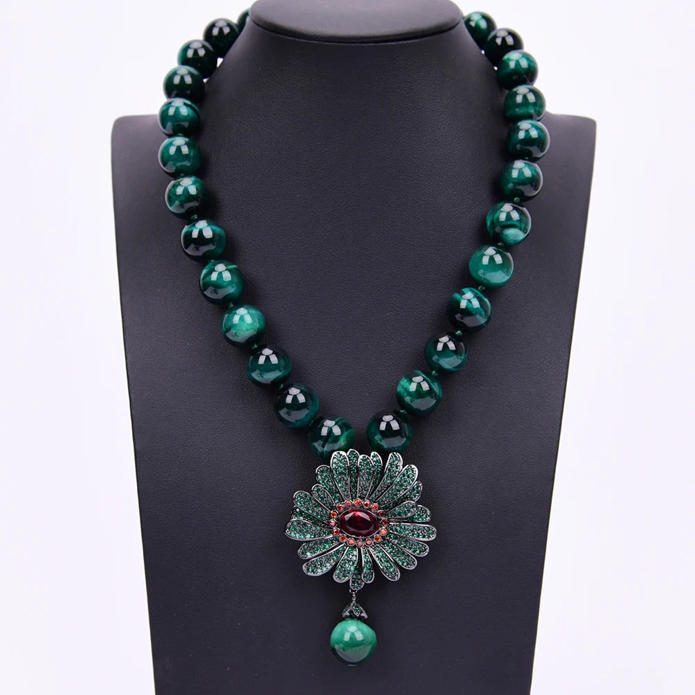 G-G 18" Natural Round Green Tiger Eye Necklace CZ Pave Flower Crystal Pendant Lady Party Gifts