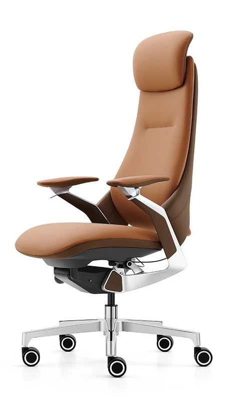 A modern high-back office chair with a brown leather-like upholstered seat and back, black armrests, and a silver five-star wheeled base, shown on a white background.