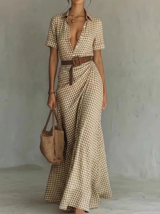 Polyester Blend Plaid Button Dress — Black | KIMLUD