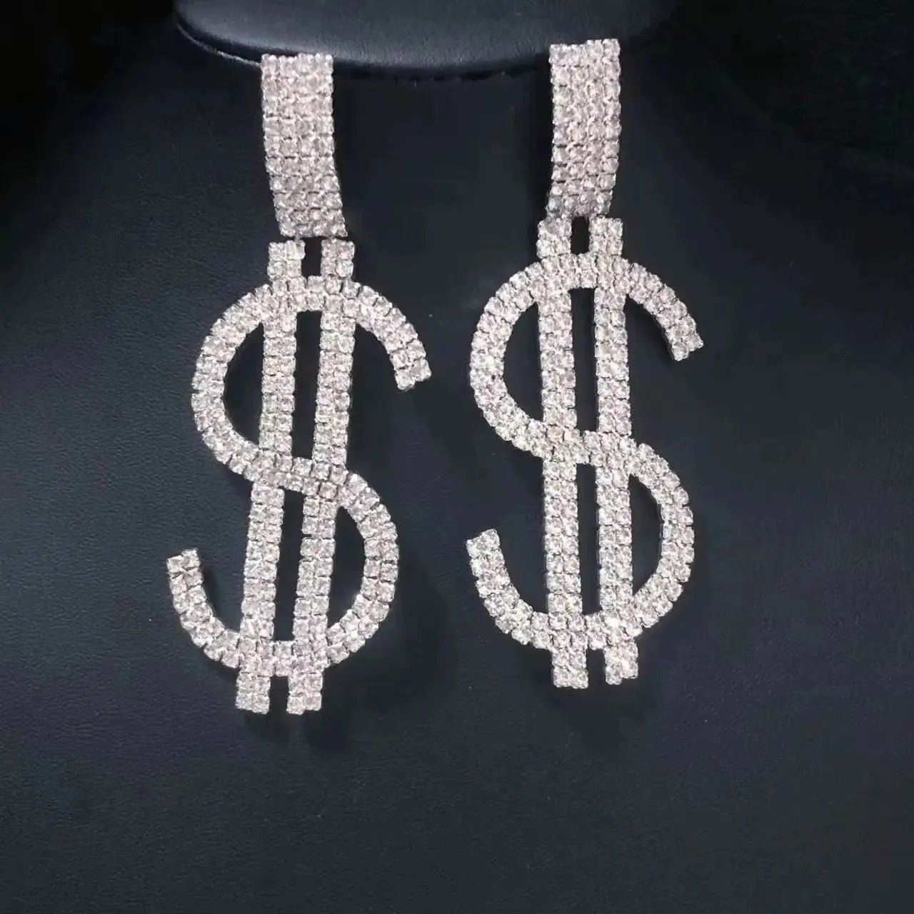 Sparkling Crystal Dollar Pendant Earrings Copper Base — Clear | KIMLUD