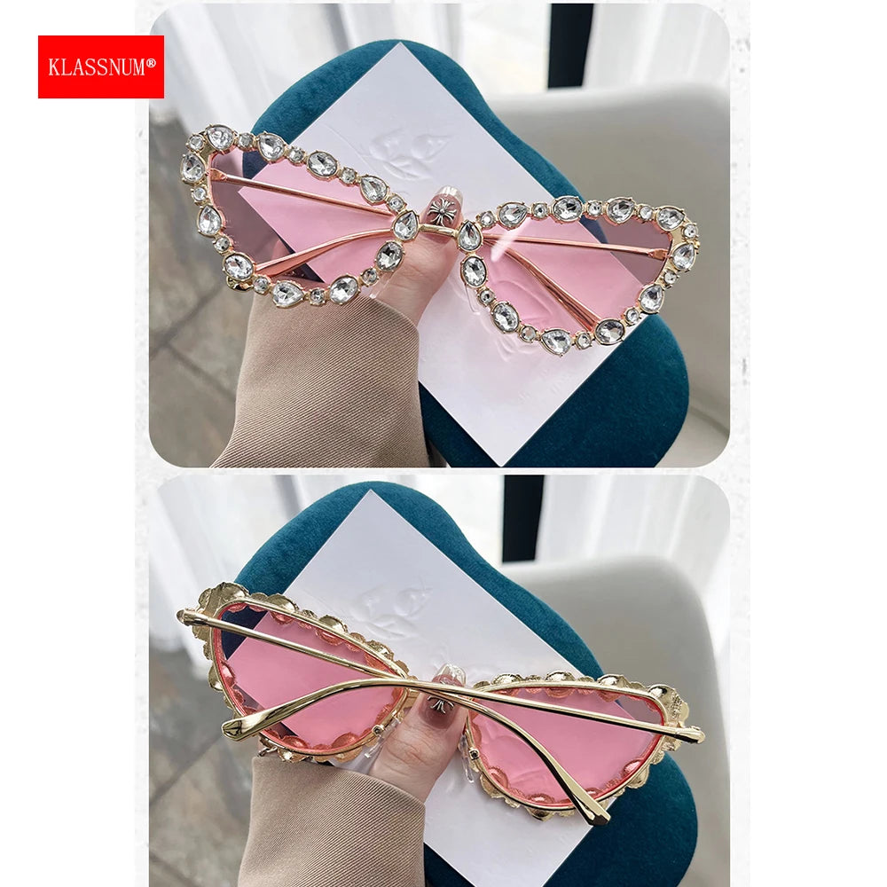 KLASSNUM Luxury Woman Sunglasses Cat-eye Rhinestone Sunglasses 2024 Trendy Party Eyepiece Glitter Metal Frame Color Lens Shades