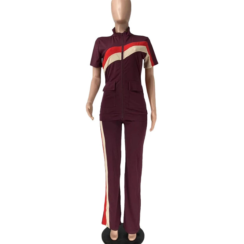 Elastane-Polyester Patchwork Tracksuit Set Jacket and Pant — Deep Purple | KIMLUD