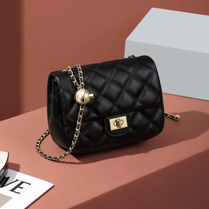 Leather Chain Crossbody Bag With Structured Small Square Silhouette And Polished Hardware — Black | KIMLUD