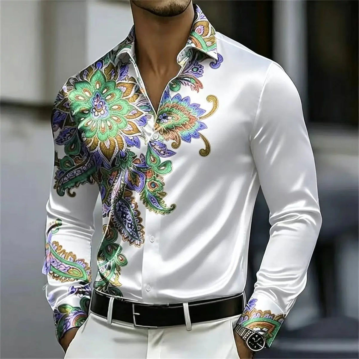 Men's Satin Paisley Print Shirt – Silk Polyester | KIMLUD