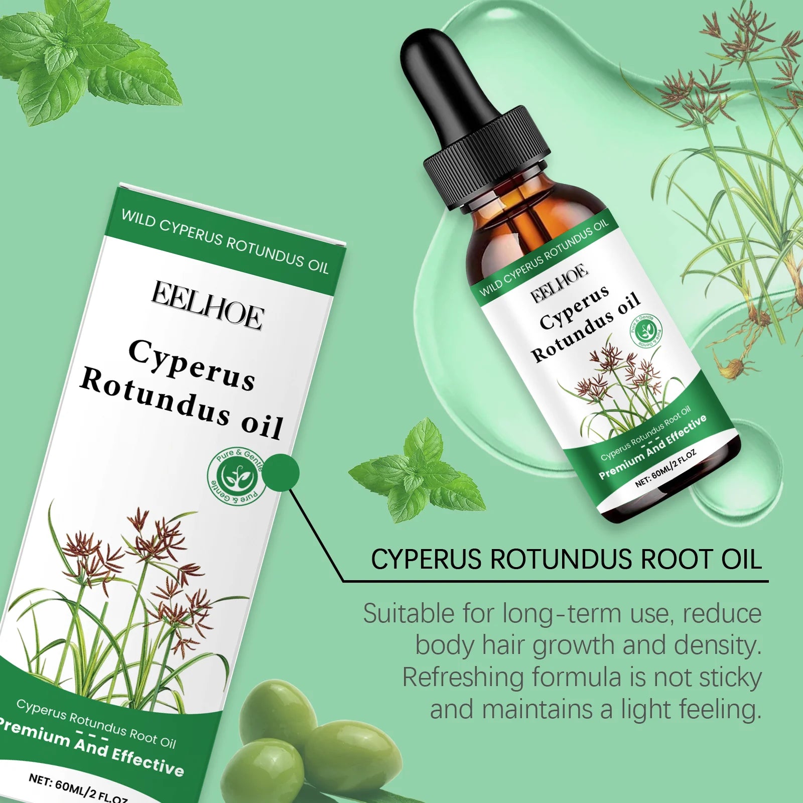 Cyperus Rotundus Oil Hair Removal Oil 60ml — Green | KIMLUD