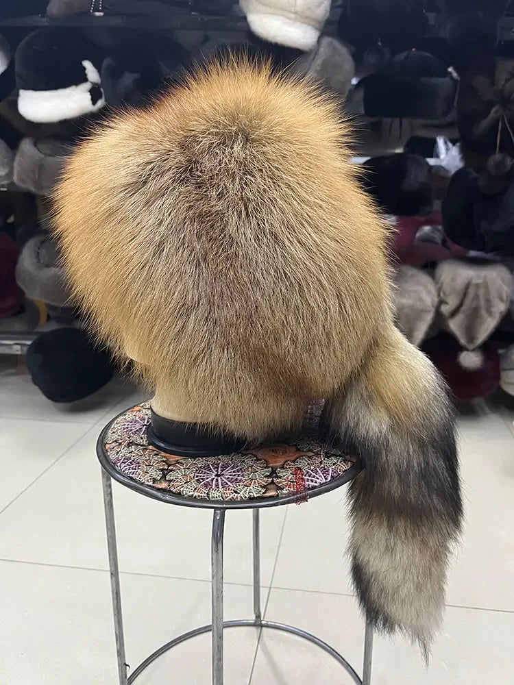 Winter Fur Women Hat with Tail Real Fox Fur Hat Luxury Raccoon Fur Beanies Warm Ear Protect Unisex Bomber Hat Wholesale Bonnets