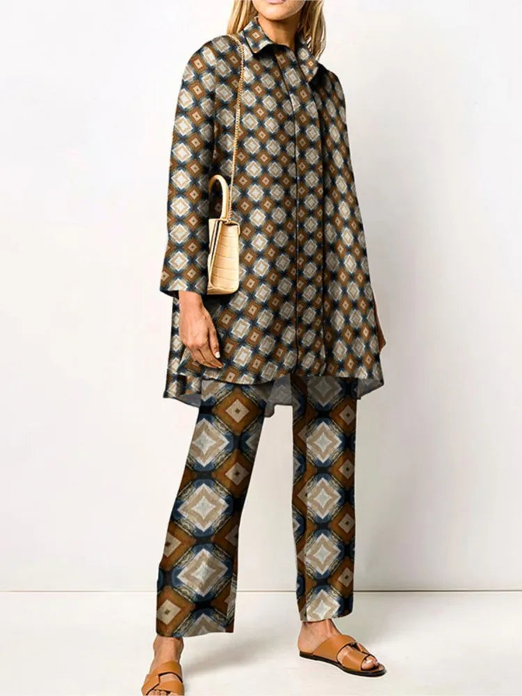 Two Piece Set – Loose Vintage Printed – Synthetic Fiber – Wide Leg | KIMLUD
