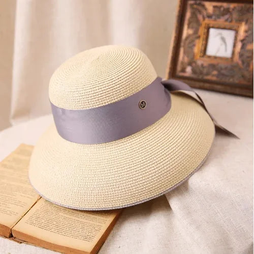 Straw Retro Bow Wide Brim Sun Hat — Natural | KIMLUD