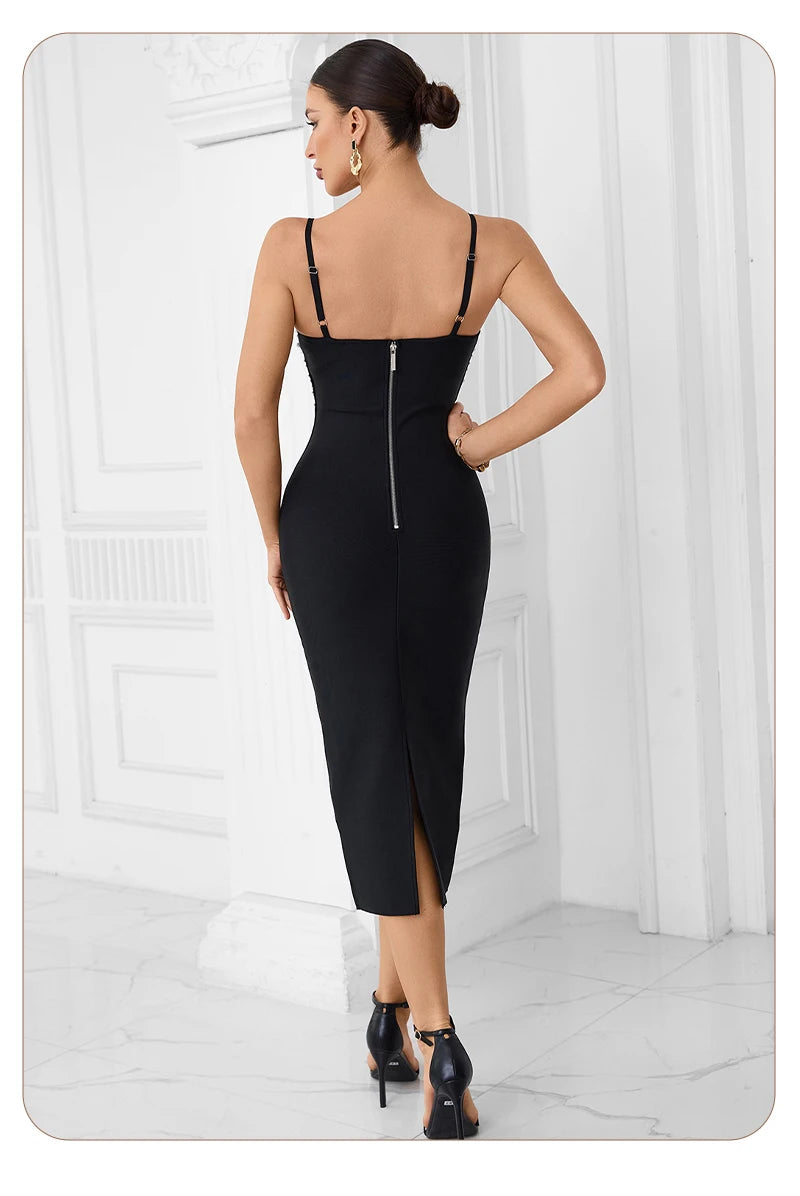 VC Elegant Burgundy Spaghetti Strap Midi Dress with Pearl & Rhinestone Embellishments for Cocktail Parties & Formal Events