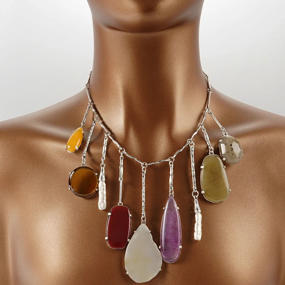 Boho Irregular Pendant Necklace With Freshwater Pearls And Link Chain In Bohemian Craftsmanship — Ivory | KIMLUD