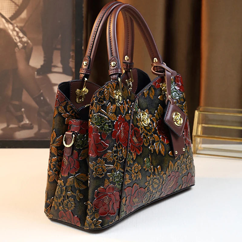 PU Leather Tote Bag Crossbody Floral Pattern — Black | KIMLUD