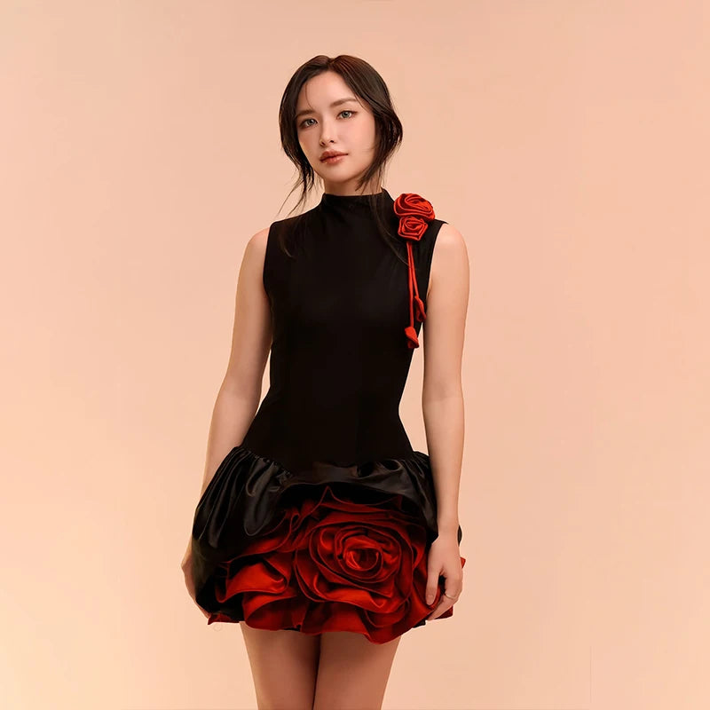 Ele Color Blo 3D Flower Svel Dr Birthday High Waist A-Line Slimming Dr French Sle Printed Summer Gown