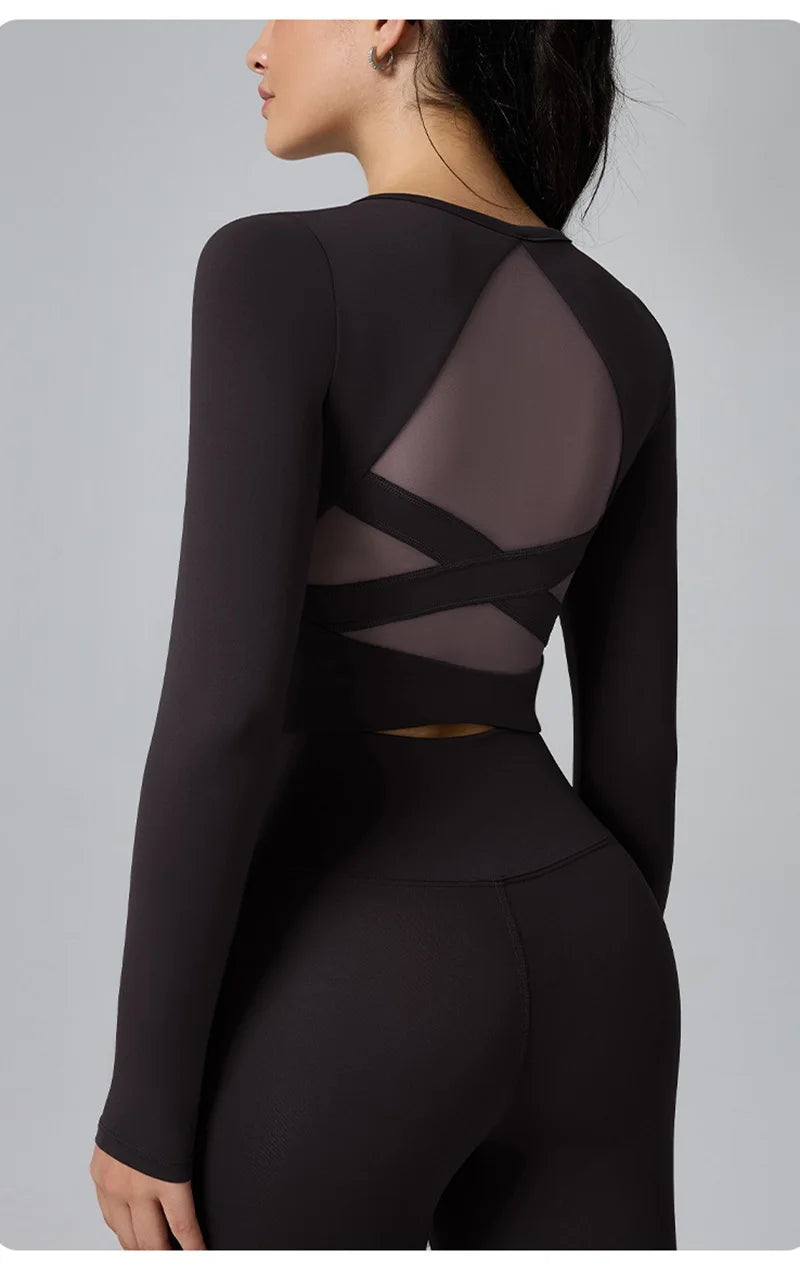 Nylon Elastane Knit Long Sleeve Yoga Top — White | KIMLUD