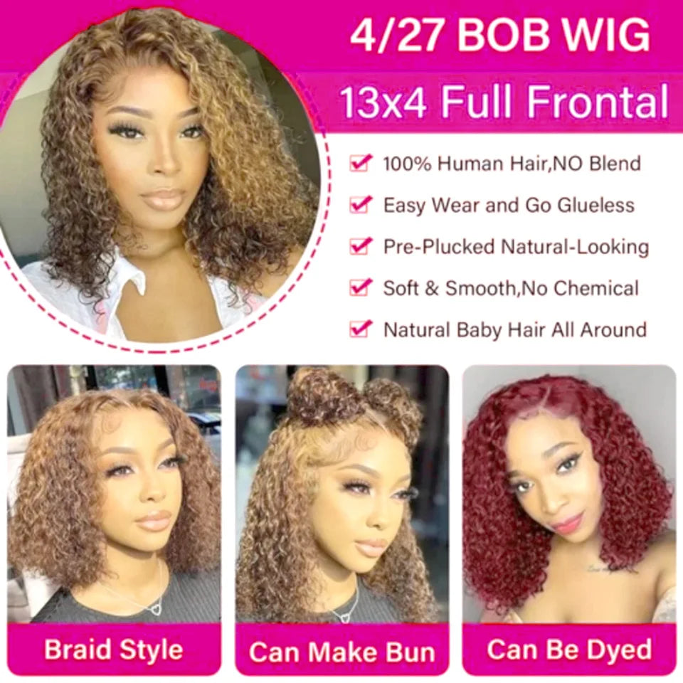 Bob Wig - Deep Curly Highlight - 100% Human Hair - 4/27 | KIMLUD