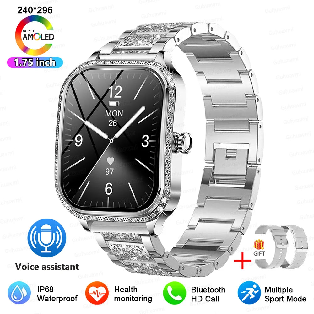 KIMLUD, 2025 New Lady Smart Watch Women AMOLED Curved Screen IP68 Waterproof Health Call Smartwatch For Samsung Huawei Apple Watch 4 ios, diamond Silver 2A / samrt watch, KIMLUD APPAREL - Womens Clothes