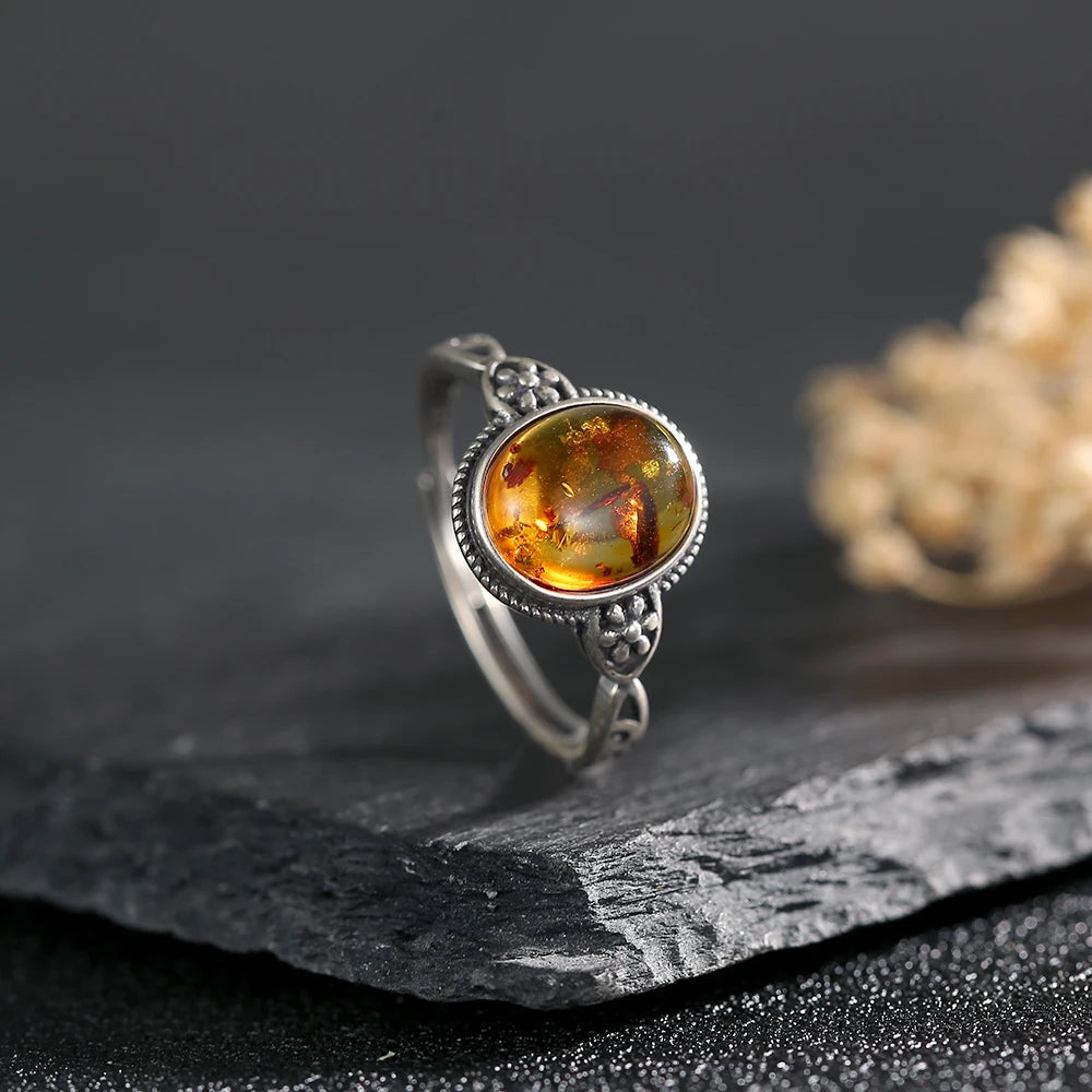 Sterling Silver Ring Adjustable Vintage Hollow Floral Design — Amber | KIMLUD