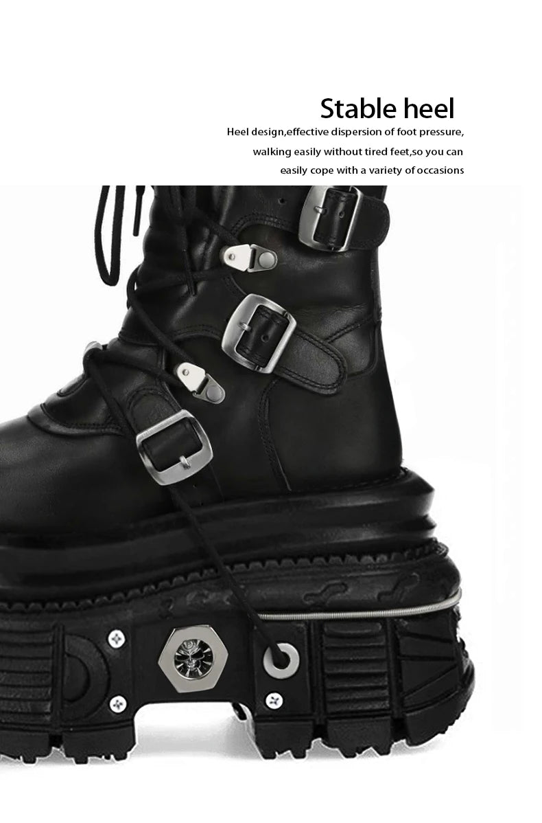 Metal Rivet Platform Cross Tie Motorcycle Boots Female Rock Round Head Fashion Retro Short Boots Goth Style Platform Boots