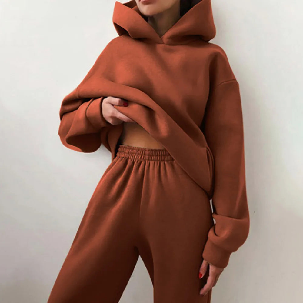 Fleece Hooded Two-Piece Set Cozy Winter Essential — Black | KIMLUD