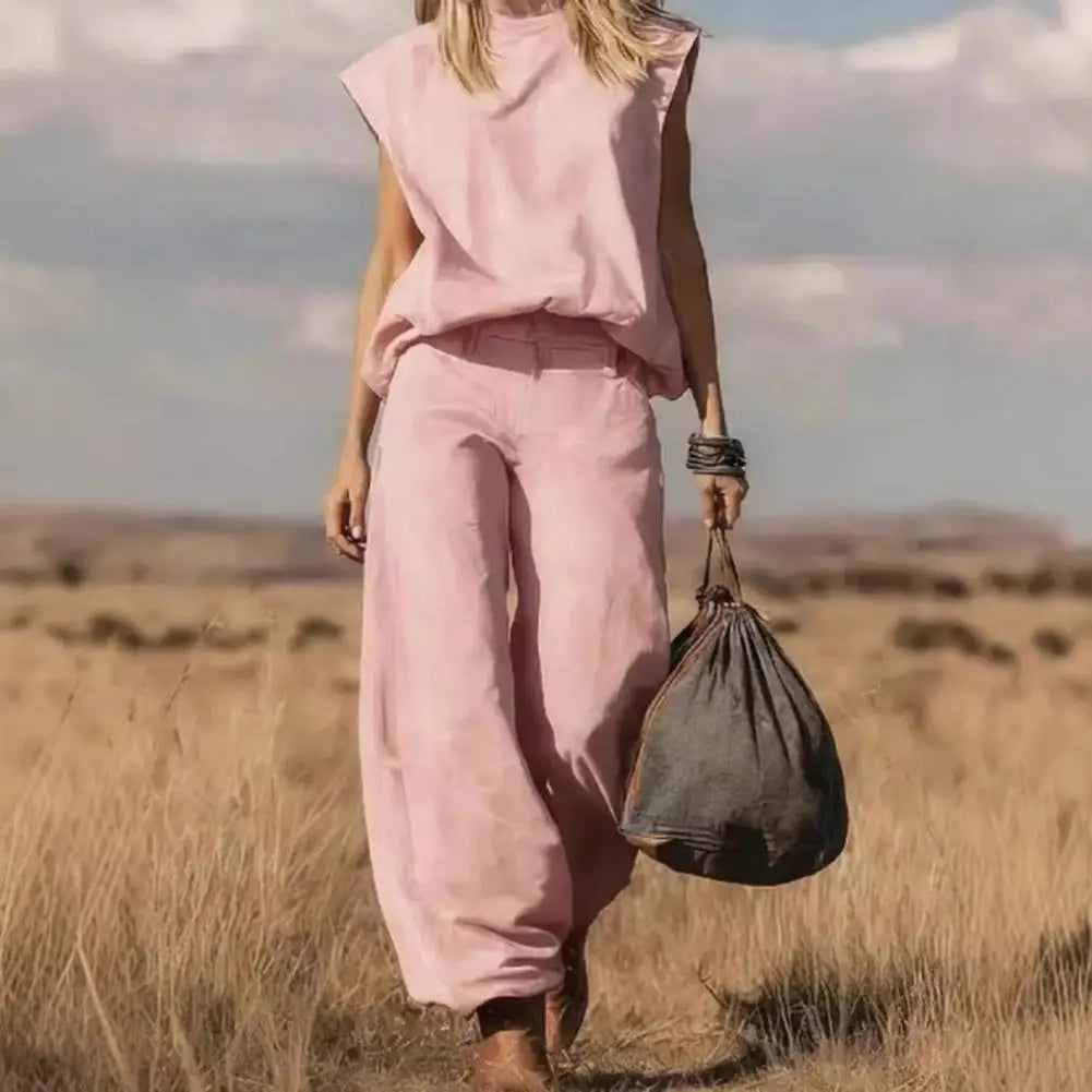 Denim Wide-Leg Two-Piece Set Vest and Trousers — Blue | KIMLUD