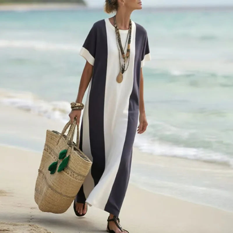 Spring Elegant Crew Neck Holiday Beach Dress Woman Chic Contrast Color Patchwork Long Dress Summer Short Sleeve Split Boho Dress
