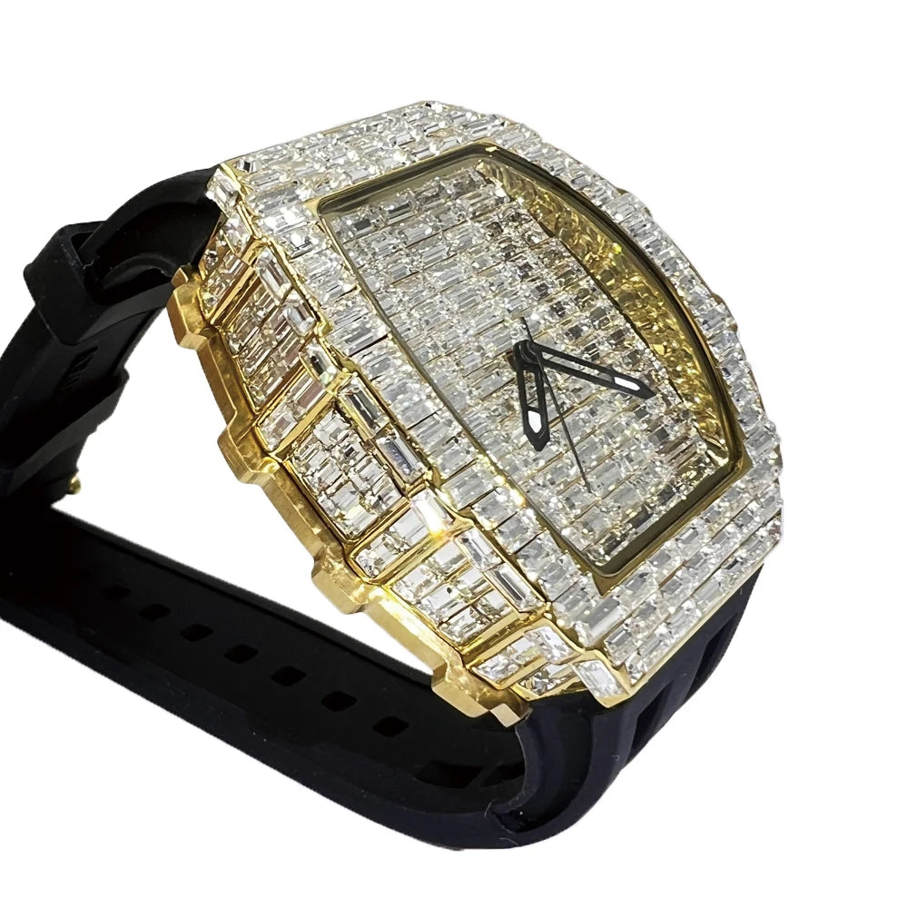 Luxury Brand Men Watch Fashion Unique Tonneau Watches Diamond Blingbling Dial Waterproof Rubber Band Wristwatch Hot Sale Gift