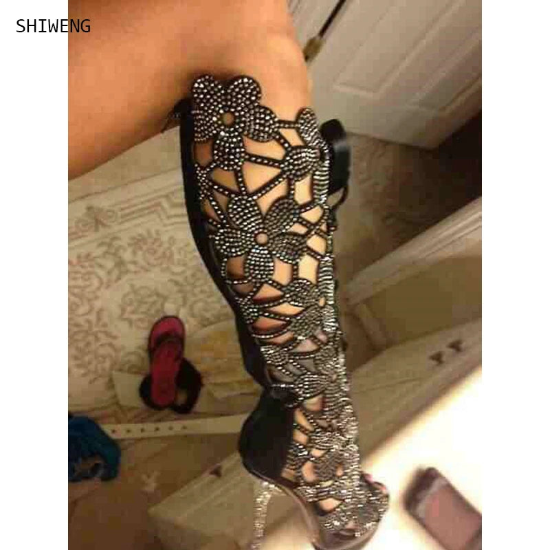 Knee-High Boots – Rhinestone Embellishment – Hollow Out – | KIMLUD