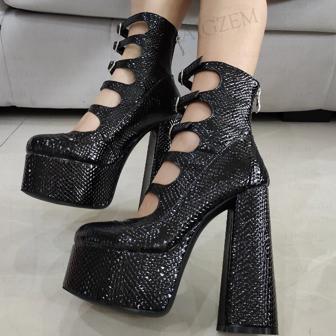 Synthetic Round Toe Pumps With Back Zip And Buckle Straps For A Sculpted Evening Silhouette — Black | KIMLUD