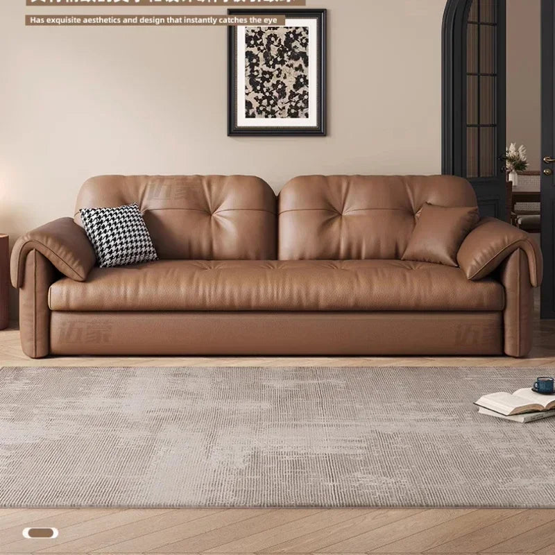 Faux Leather Sofa Bed Italian Modern Silhouette With Convertible Chaise Lounge — Brown | KIMLUD