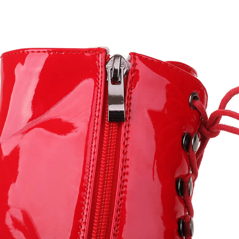 2022 Winter Women Ankle Boots Platform Square High Heel Ladies Ankle Boots Patent PU Leather Cross Tied Women's Shoes Big Size