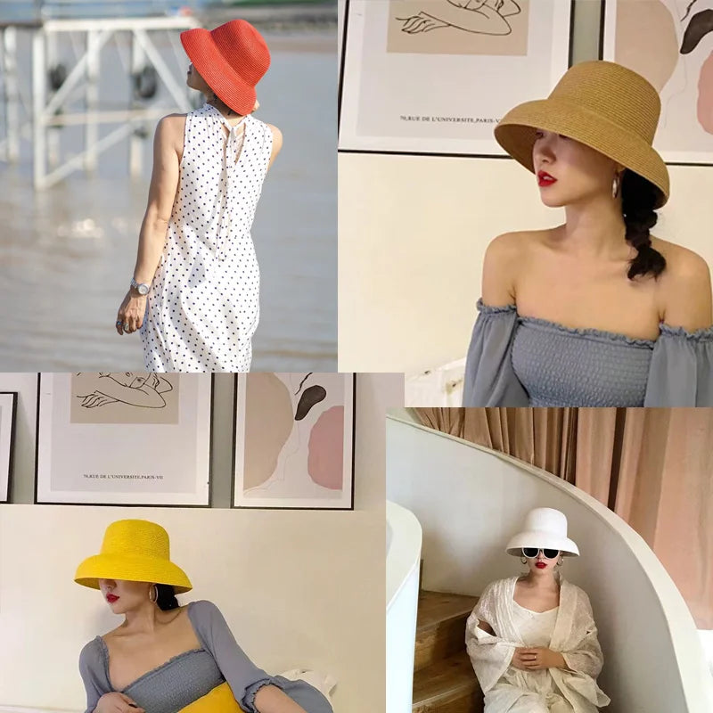 Panama Straw Floppy Sun Hat — Black With Ivory Ribbon | KIMLUD