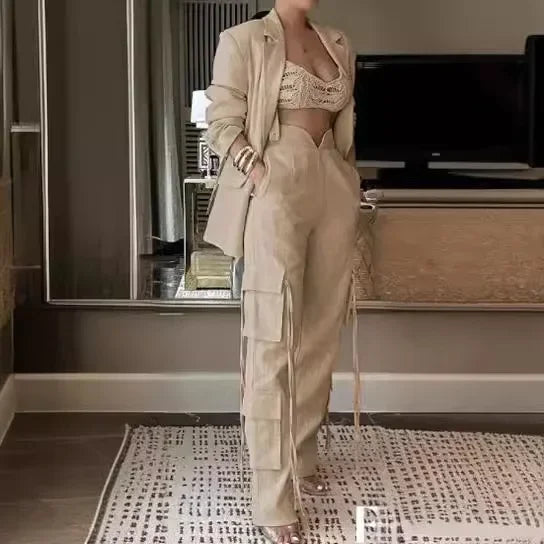 Linen Blend Blazer Set With Cargo Pants — Ivory | KIMLUD