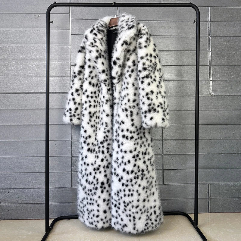 Coat – Leopard Print Faux Fox Fur – Winter Long Style – White | KIMLUD