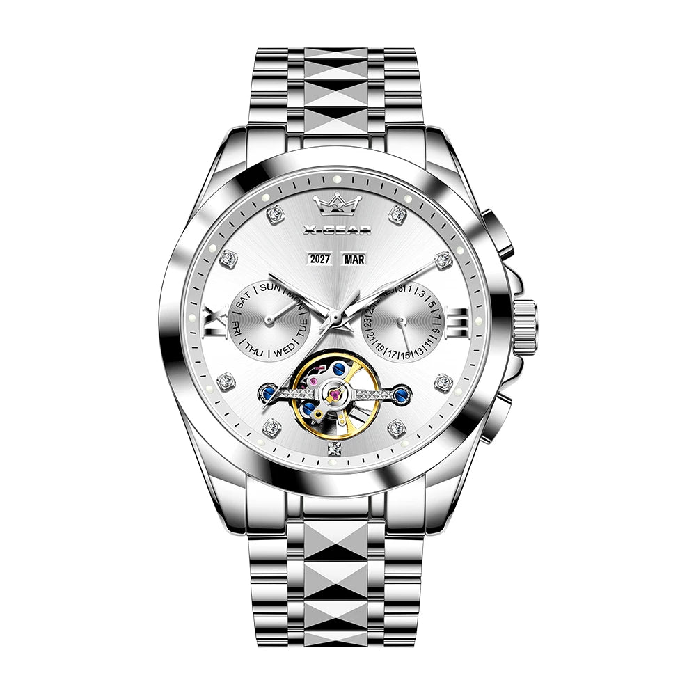 Men's Automatic Mechanical Watch with Tourbillon Waterproof Luminous Stainless Steel Strap Luxury Multi-Functional Timepiece