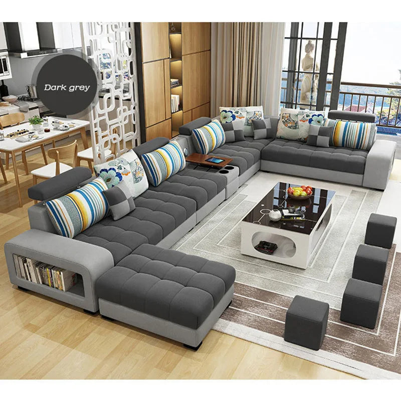 Wooden L-Shaped Sofa Set Light Luxury With Tufted Cushions And Integrated Arm Shelf — Ivory | KIMLUD