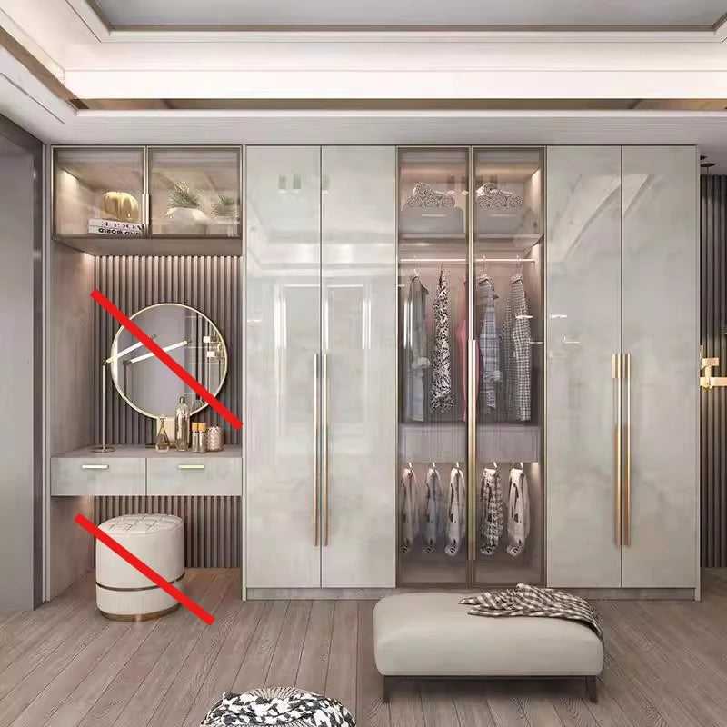 Glass Door Modern Wardrobe With Ample Storage And Brass Hardware — Pale Gray | KIMLUD