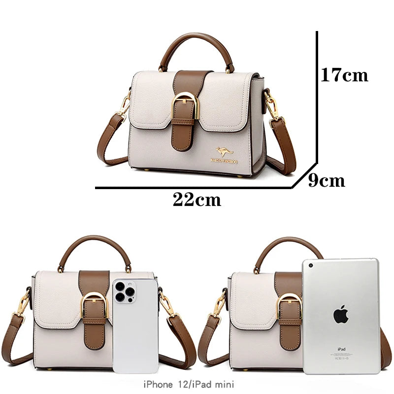 Genuine Cow Leather Shoulder Bag With Subtle Flap And Refined Hardware — Creamy Beige With Taupe Trim | KIMLUD