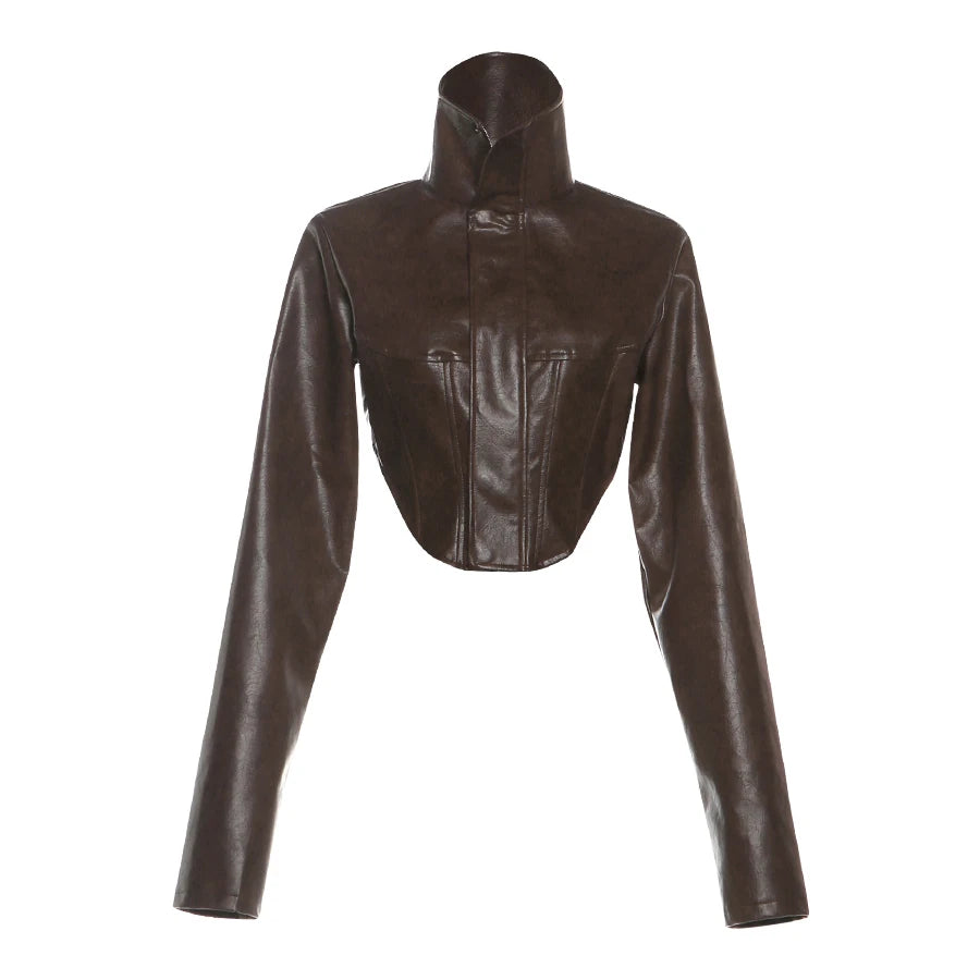 Crop Jacket – Irregular Zip Button – PU – Midnight | KIMLUD