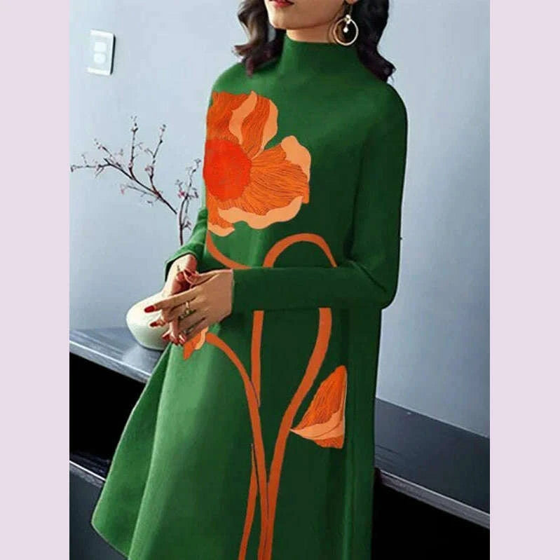 gymystars-flower-print-midi-dresses-urban-long-sleeves-dress-for-women-casual-loose-a-line-zipper-high-neck-green-party-dresses-kimlud-kimlud-33920992