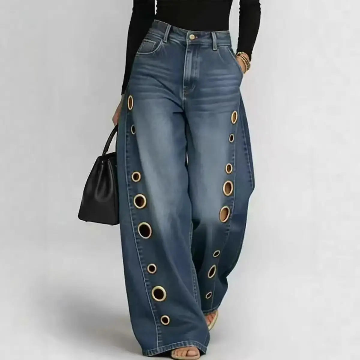 Wide Leg Denim Jeans – Asymmetric Two Tone Polka Dot Print Eyelet Detail – Denim | KIMLUD