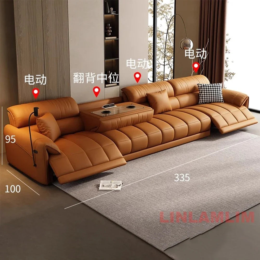 Italian Genuine Leather Electric Reclining Sofa With Adjustable Footrest USB And Foldable Center Console — Caramel Tan | KIMLUD